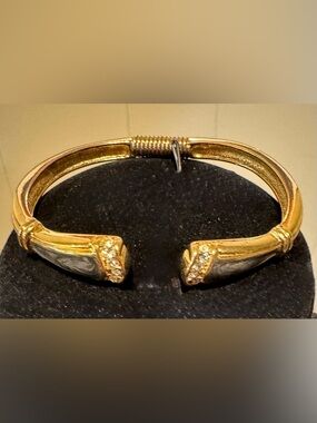 Vtg. Kenneth Jay Lane KJL Avon Bracelet—GoldTone, Gray Enamel w/ Crystal Accents